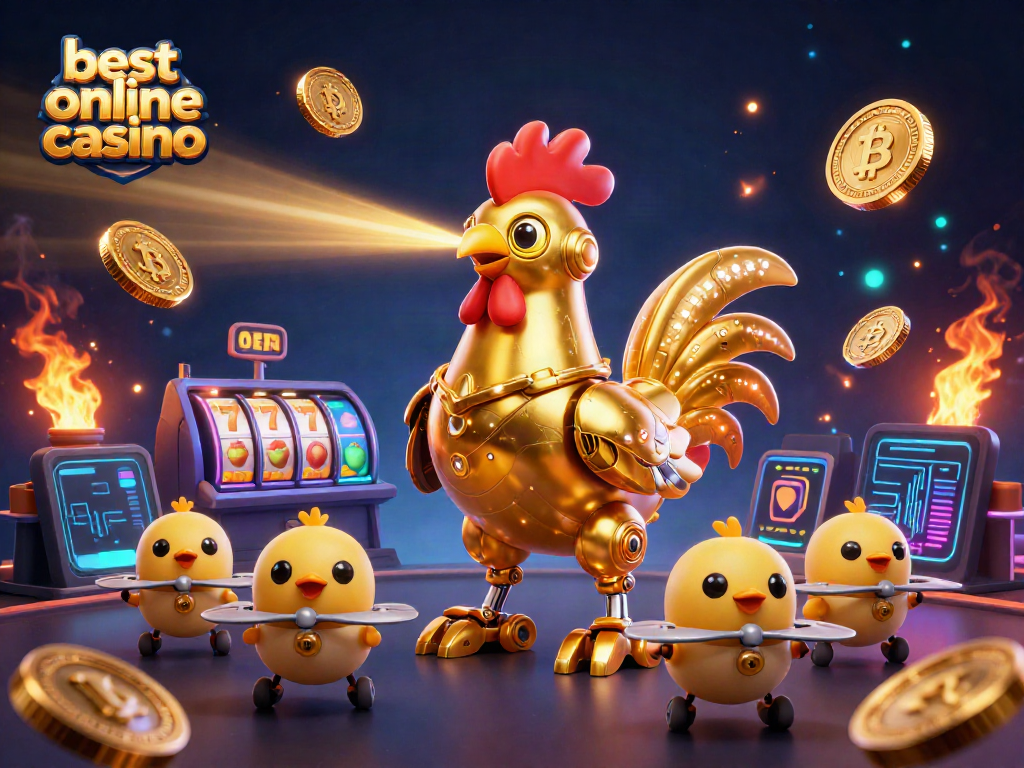 Experience the allure of the best online casino with dynamic visual energy, featuring a golden rooster robot and baby chick drones amidst glowing crypto coins.