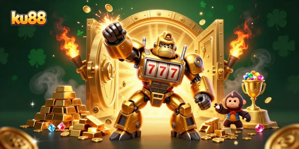 Conquer the gaming world at ku88 with a golden gorilla mech and treasures exploding from the vault!