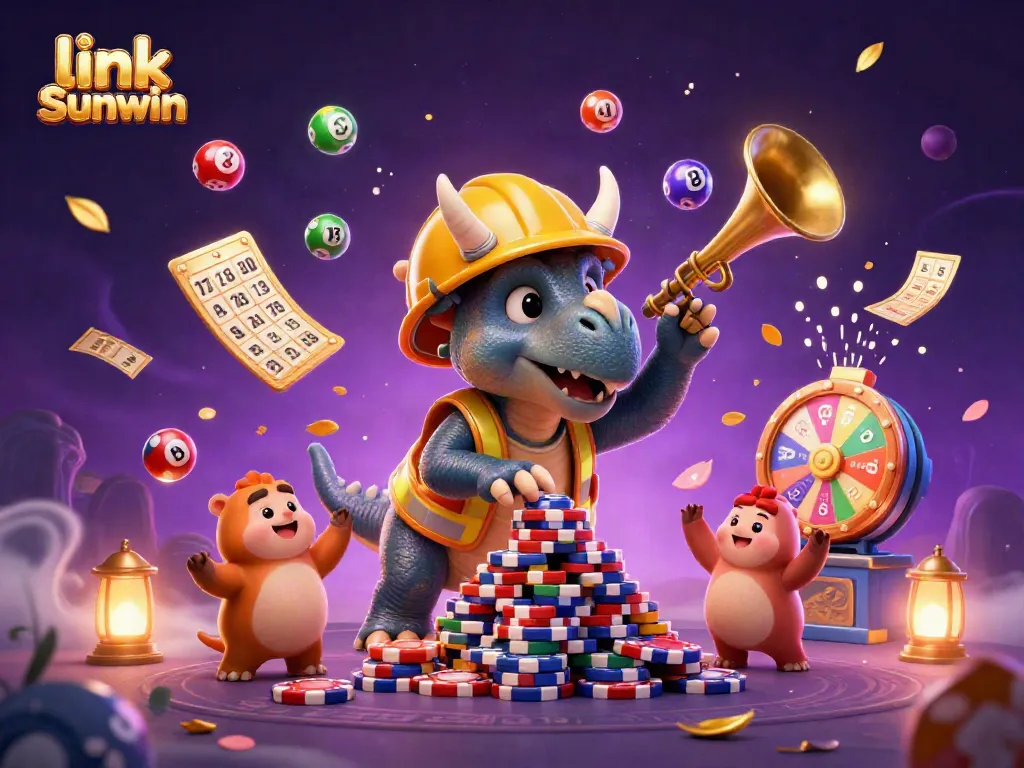 Experience the excitement of link Sunwin with vibrant casino elements and characters celebrating winnings.