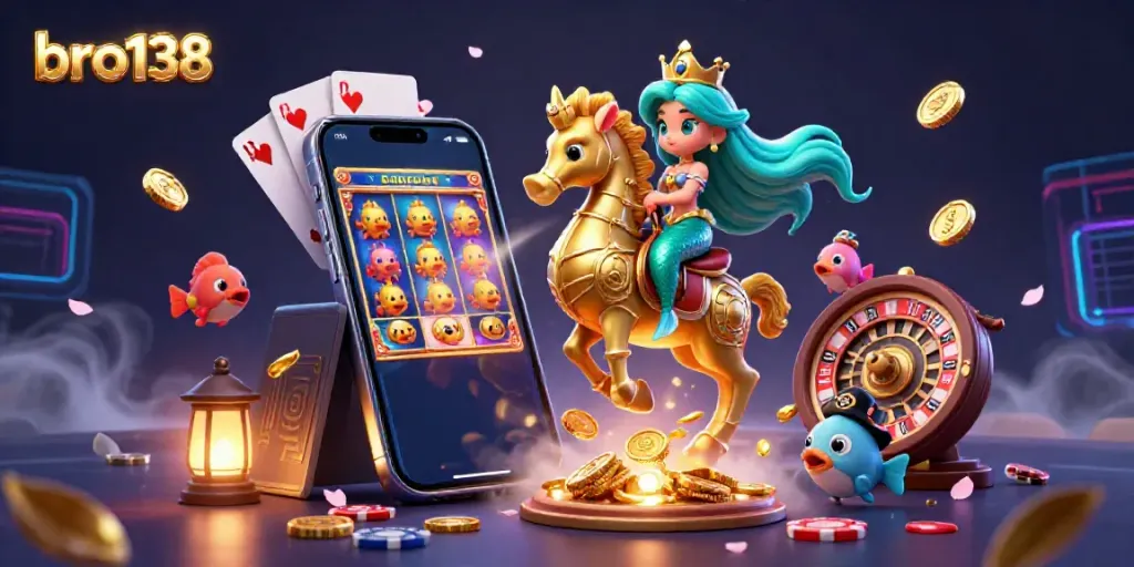 Spin to win with bro138, featuring a vibrant underwater casino scene with cartoon mermaid and seahorse.