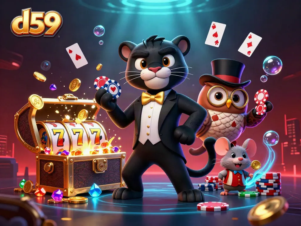 Engage with d59's exciting slot experience, featuring elegant cartoon characters and vibrant casino elements.