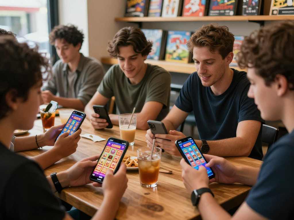 Pengguna menikmati aplikasi LIGA335 di kafe bersama teman-teman dengan antarmuka permainan slot yang menarik.