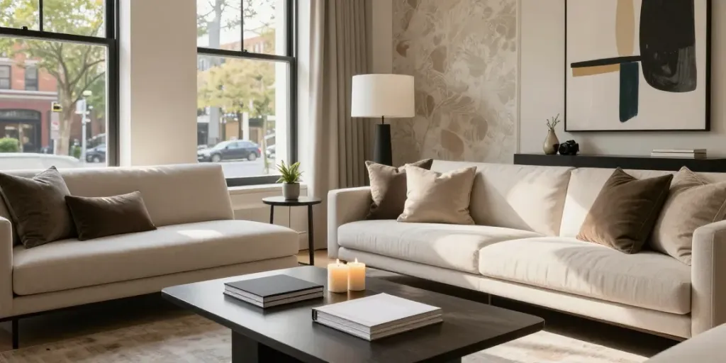 Refined luxury living room designed by an interior designer in Brooklyn NY with modern furniture.