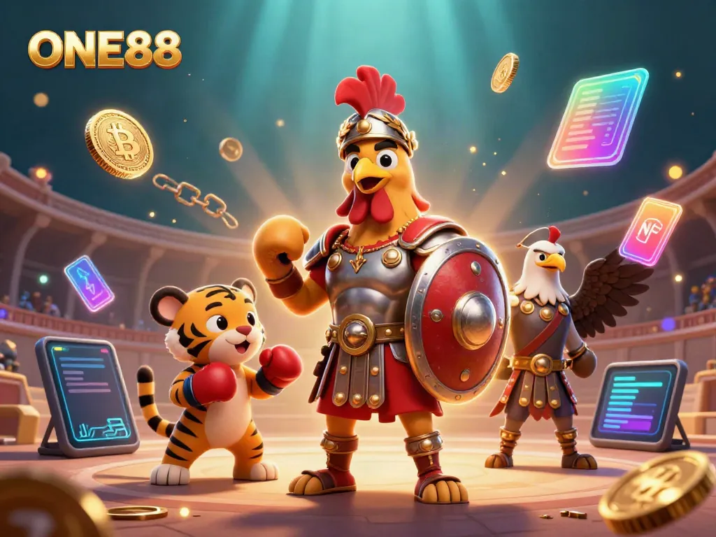 ONE88 showcases a vibrant gambling scene with a gladiator rooster and crypto elements, highlighting online gaming.