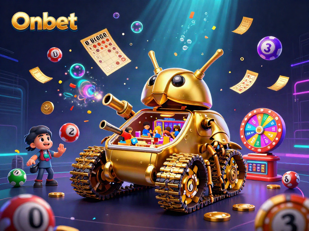 Experience thrilling action at Onbet's miniature casino inside a golden tank, with exciting game elements swirling around.