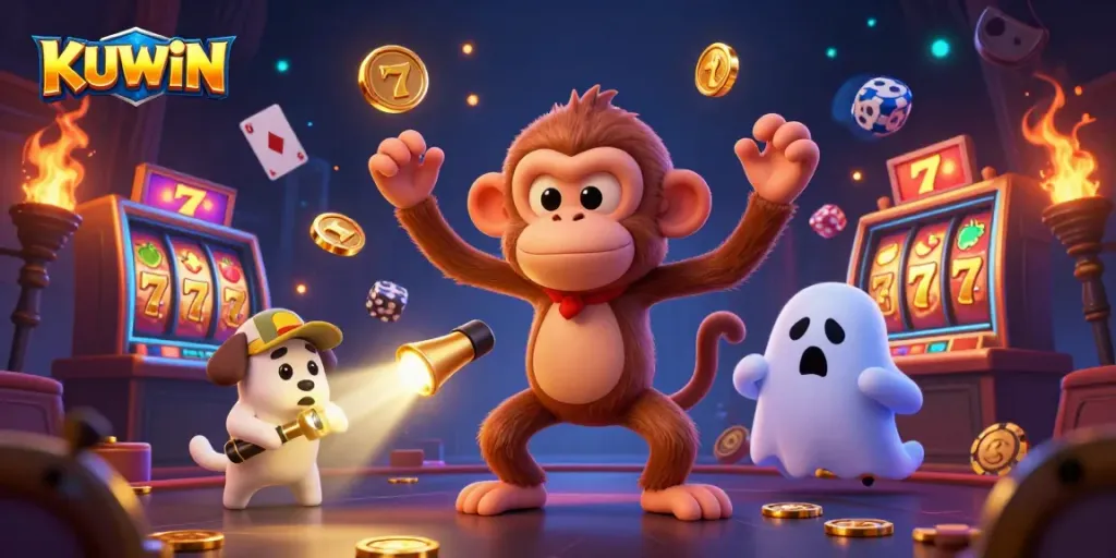 Kuwin's lively gaming world featuring a mischievous ghost and puppy exploring a haunted casino with golden objects.