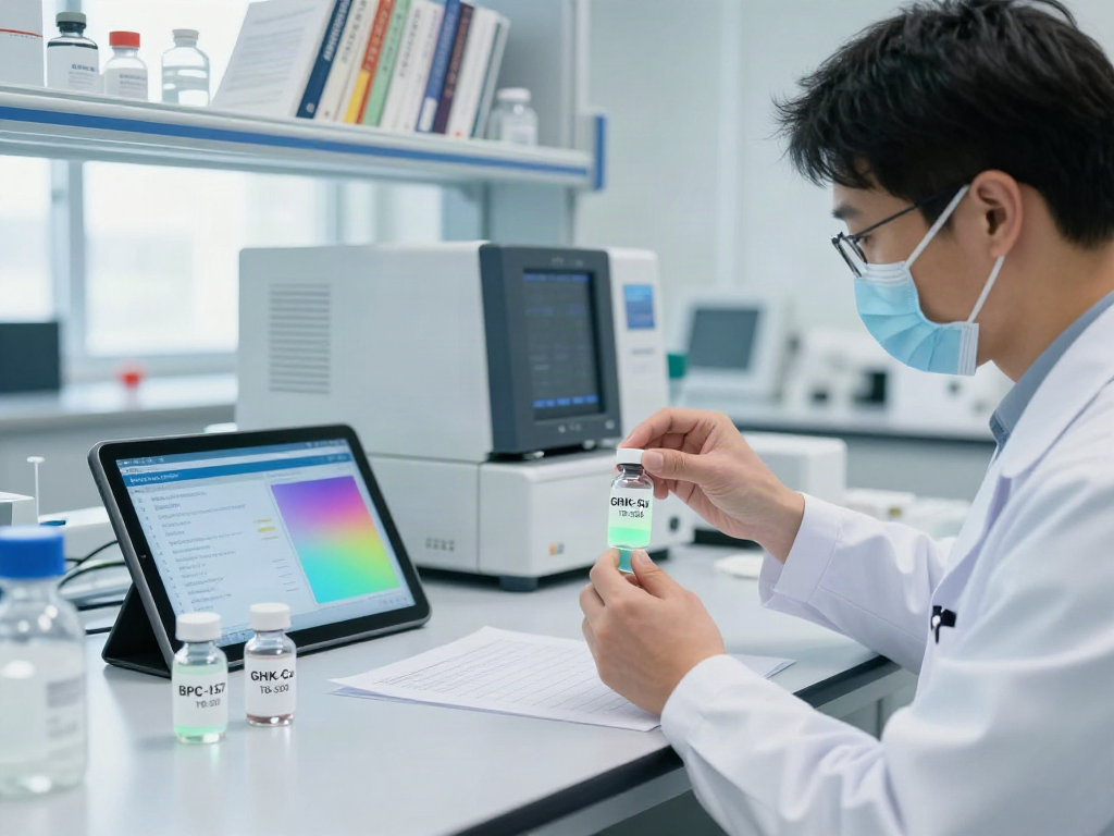 Researcher analyzing GLOW peptide blend for sale in a modern laboratory setting, showcasing science and quality.