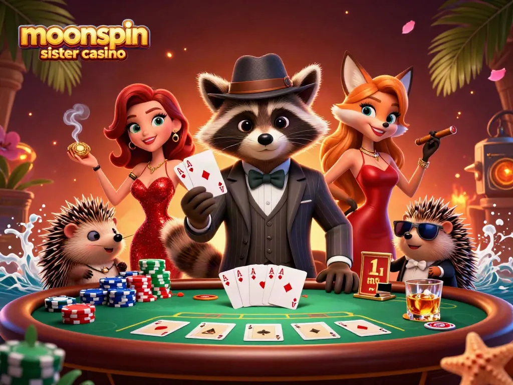 Experience the thrill at moonspin sister casino with raccoon playing poker alongside vibrant game elements.