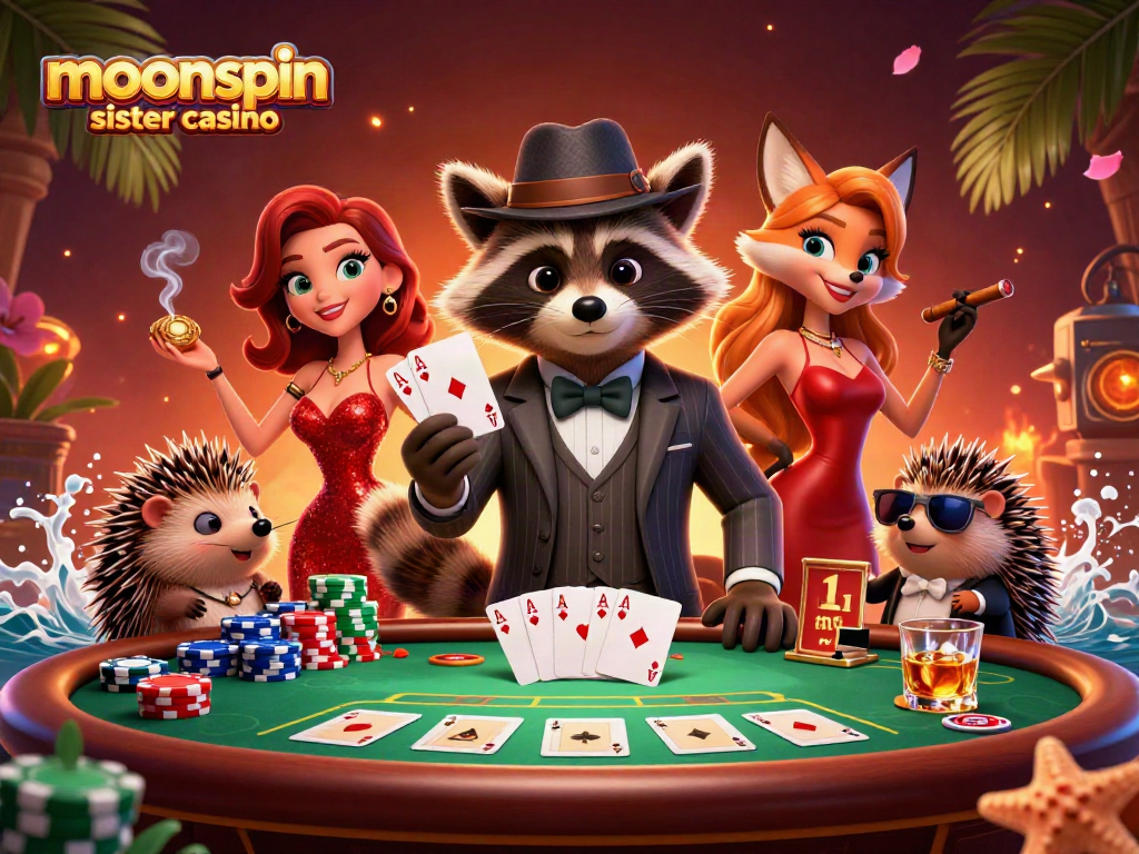 Experience the thrill at moonspin sister casino with raccoon playing poker alongside vibrant game elements.