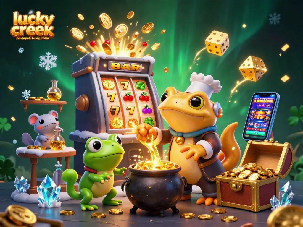 Play with the latest lucky creek no deposit bonus codes amidst a vibrant casino scene filled with gold and excitement.