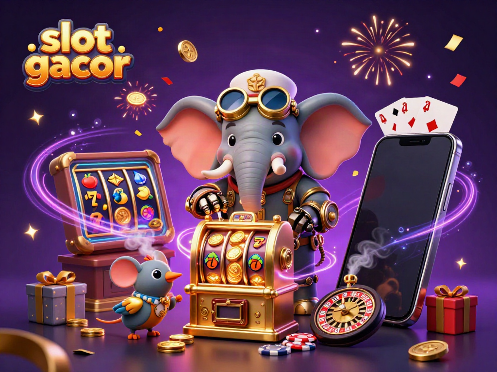 Experience thrilling slot gacor action with a steampunk elephant engineer operating a golden slot machine.