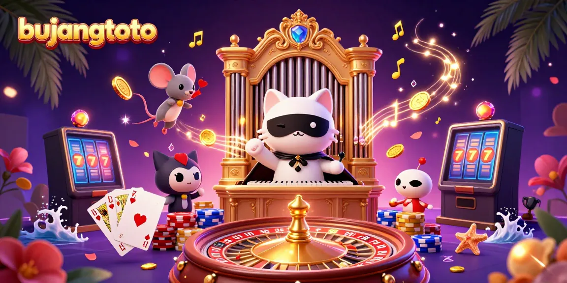 Engaging scene showcasing bujangtoto, featuring a whimsical casino atmosphere with mascots in action.
