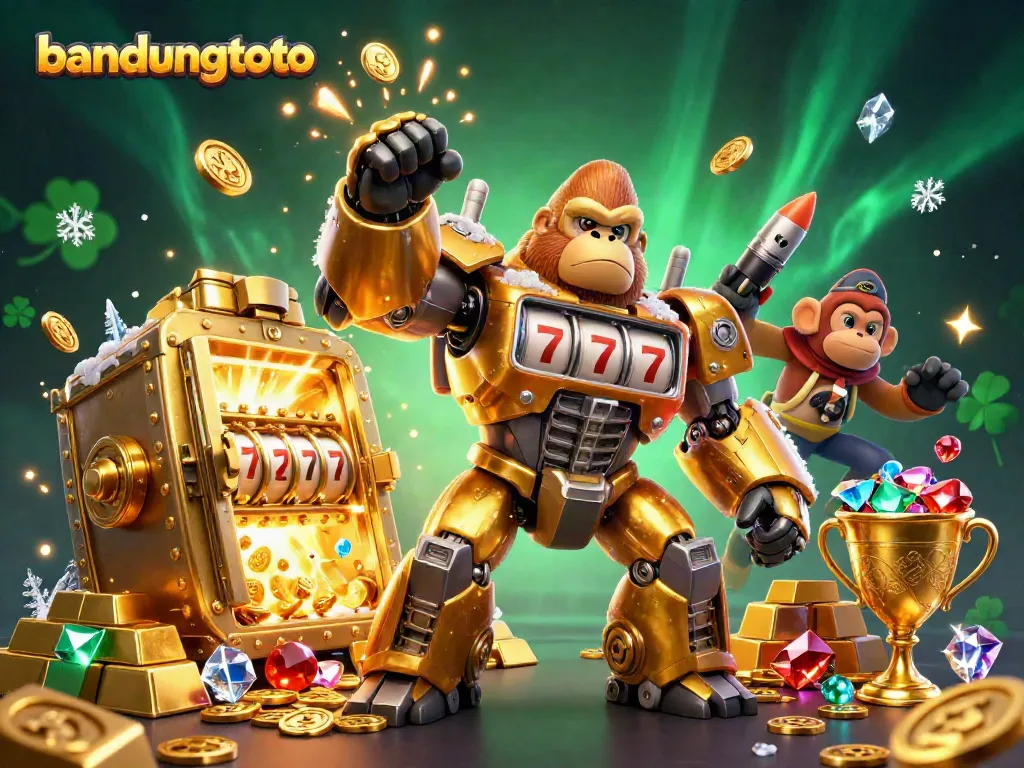 Experience excitement with the golden gorilla mech in the bandungtoto online casino world, showcasing jackpot fun.