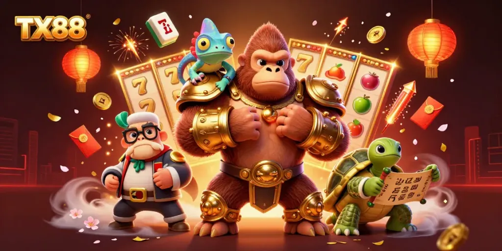 Engage in the rich gaming experience at TX88 with animated slot reels and dynamic characters.