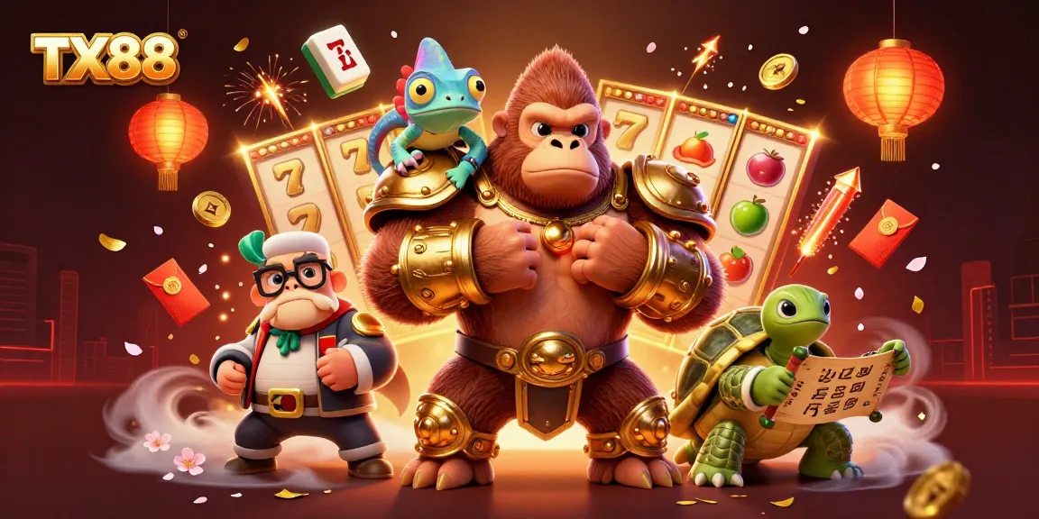 Engage in the rich gaming experience at TX88 with animated slot reels and dynamic characters.