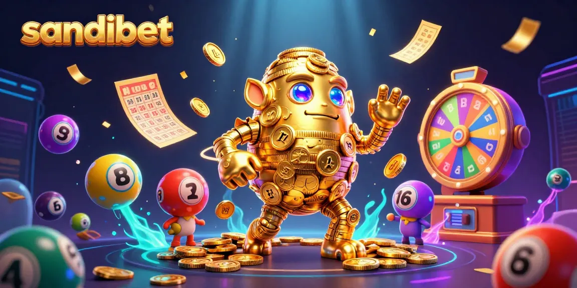 Engage with sandibet as colorful lottery elements burst dynamically from a gold golem.