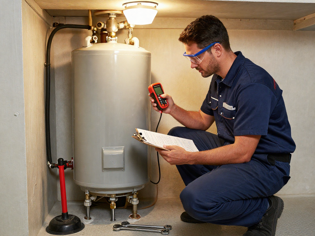 Plumber Fort Worth diagnosing water heater issues in residential basement with tools.