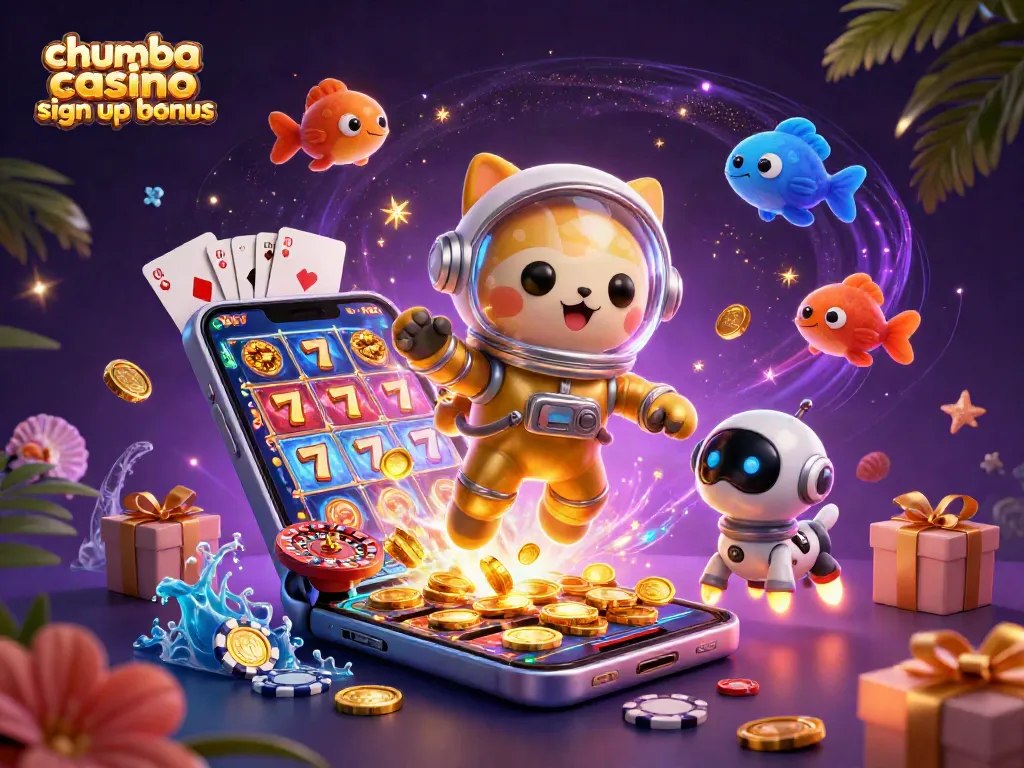 Engage with the chumba casino sign up bonus surrounded by dynamic casino-themed characters and elements.