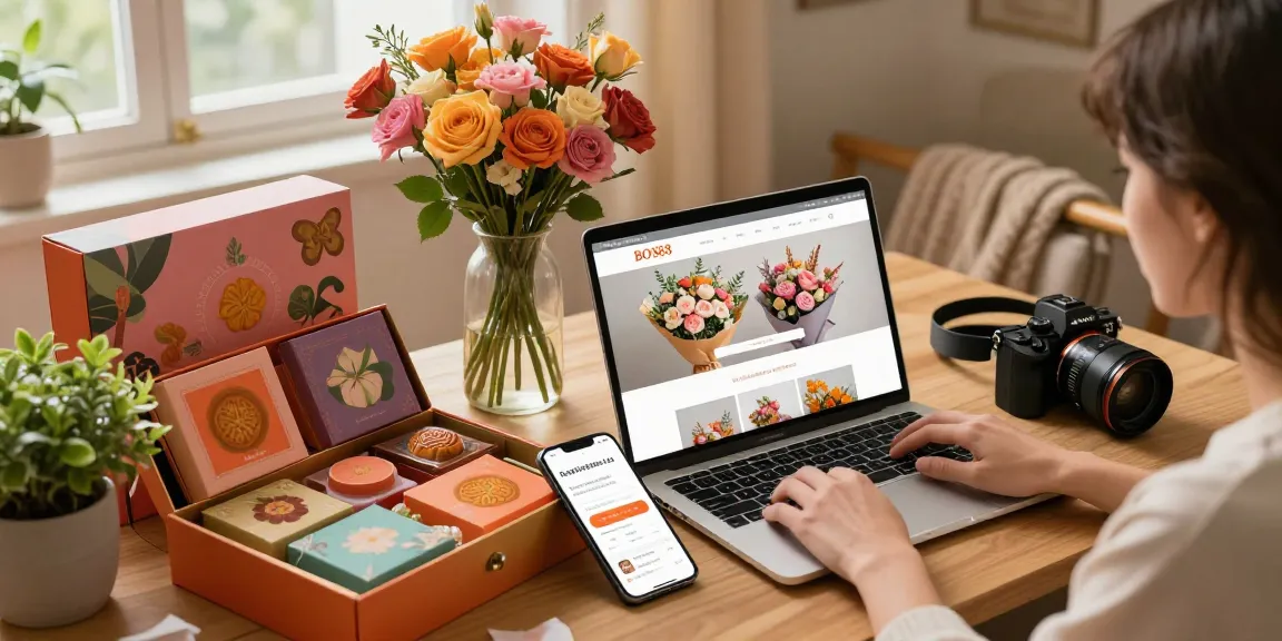 Pengguna bos88 menjelajahi pilihan bunga dan kue bulan dengan nyaman di laptop.