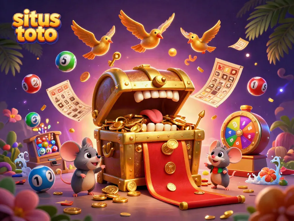 Experience situs toto excitement with a dynamic 3D casino scene featuring lottery elements.