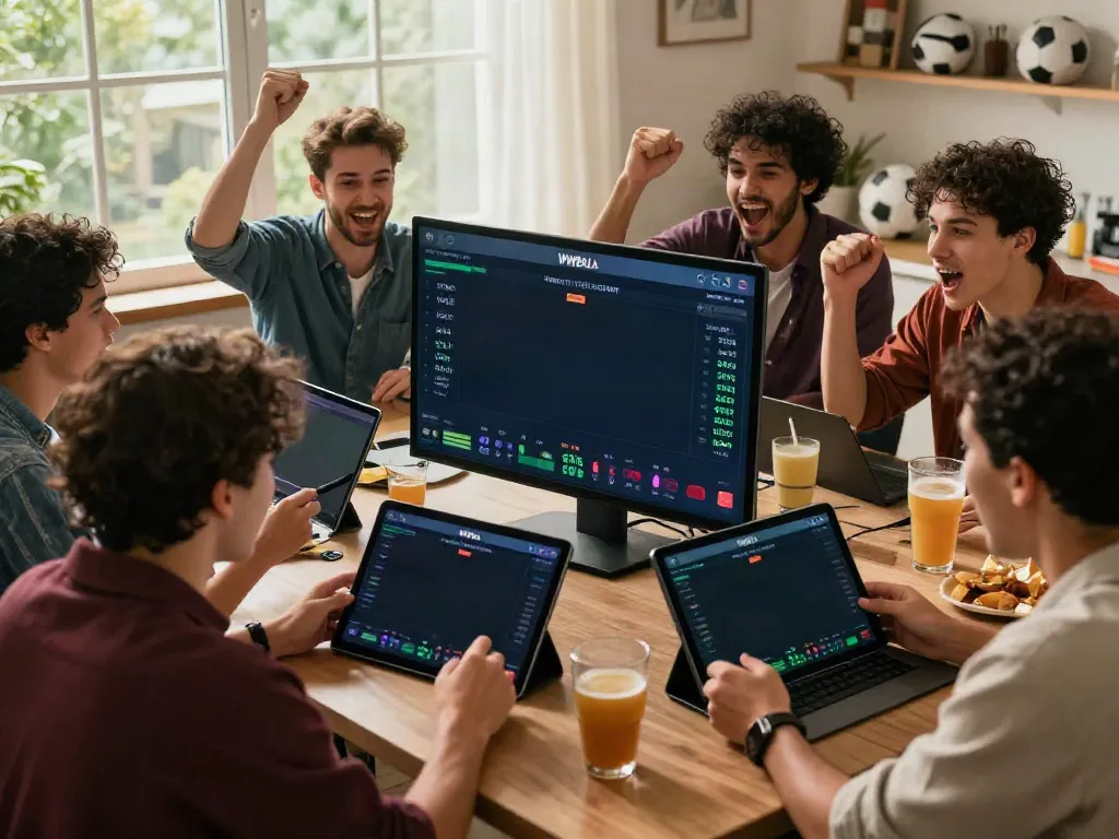 Exciting group of friends placing bets on WWBOLA during a live football match.