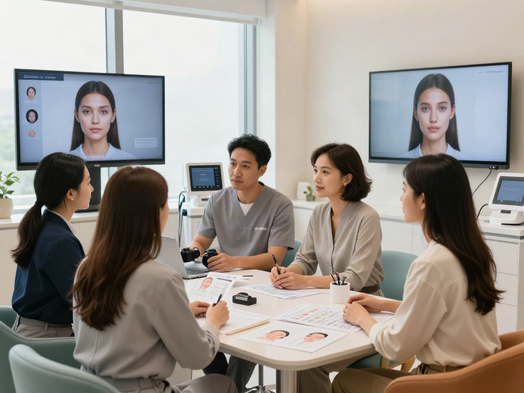 Consultation scene comparing ClinicEvo vs QOVES with aesthetic professionals advising clients on facial analysis results in a modern clinic.