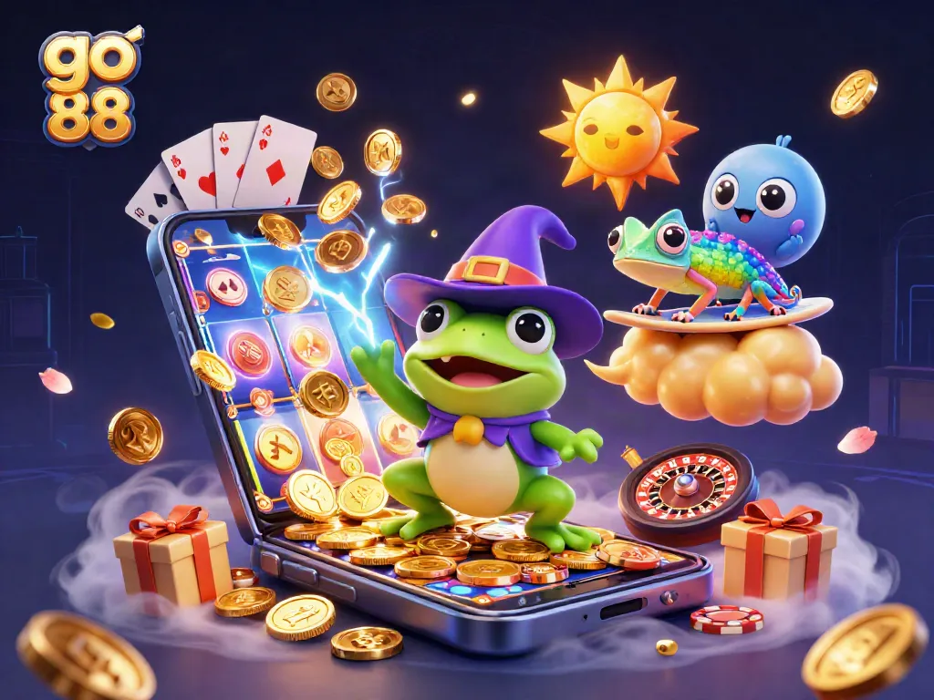 Experience the magic of go 88 with a wizard frog conjuring golden coins and vibrant casino elements.
