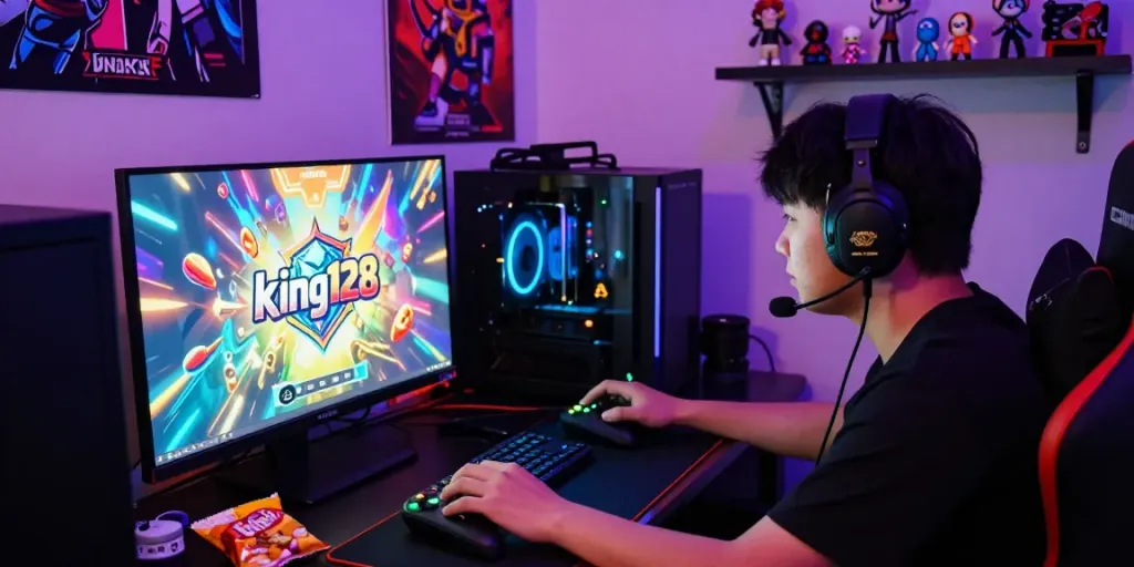 Permainan king128 dalam suasana ceria dengan iluminasi LED, menampilkan pemain sedang bermain game.