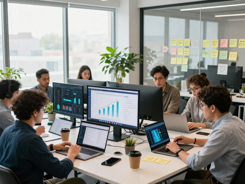 Team strategizing to purchase app downloads in a modern office environment with digital displays and growth charts.