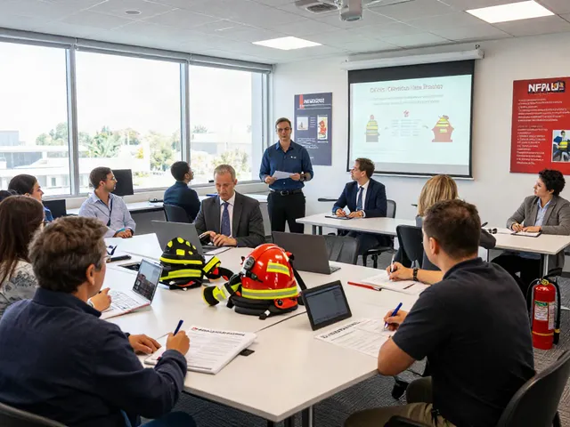 Interactive NFPA Certification Training session with diverse participants learning fire safety protocols in a professional setting.