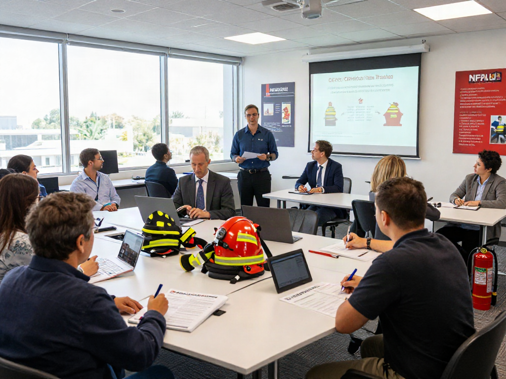 Interactive NFPA Certification Training session with diverse participants learning fire safety protocols in a professional setting.