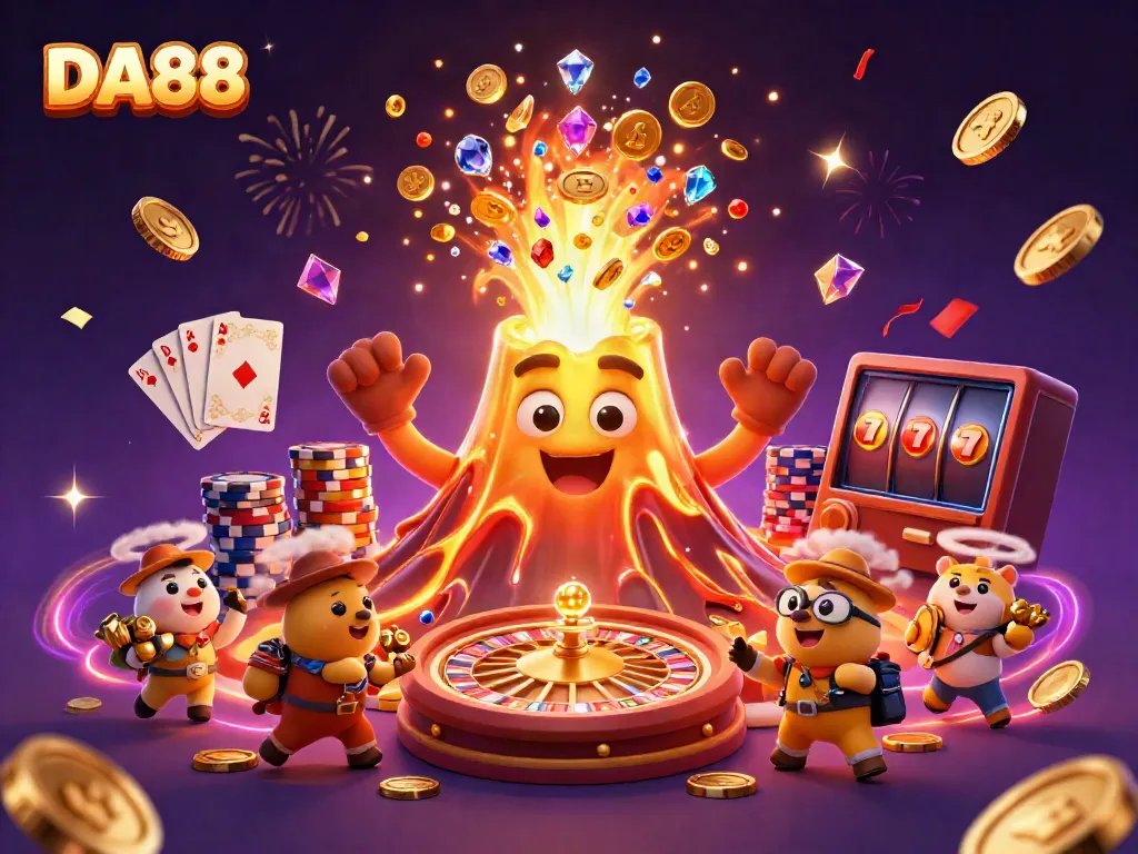 Experience the thrilling casino world with DA88's vibrant artwork showcasing treasure, games, and excitement.