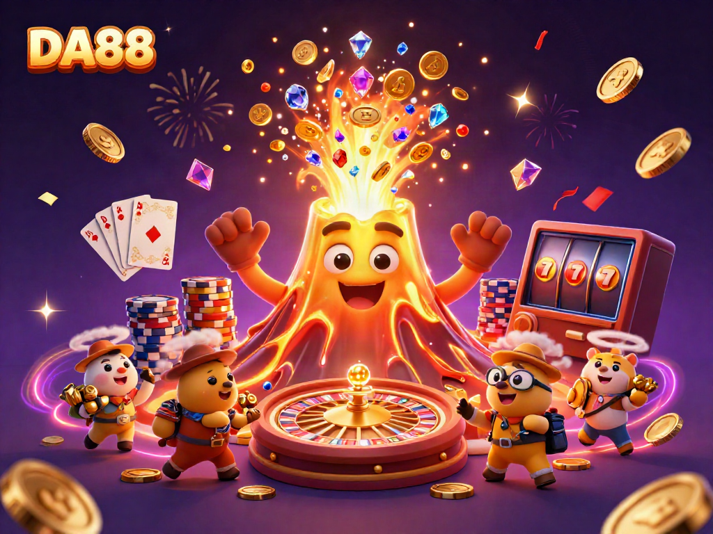 Experience the thrilling casino world with DA88's vibrant artwork showcasing treasure, games, and excitement.