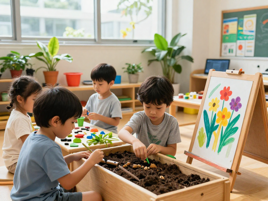 Reggio Emilia Preschool Singapore children exploring creativity and nature in a vibrant classroom environment.