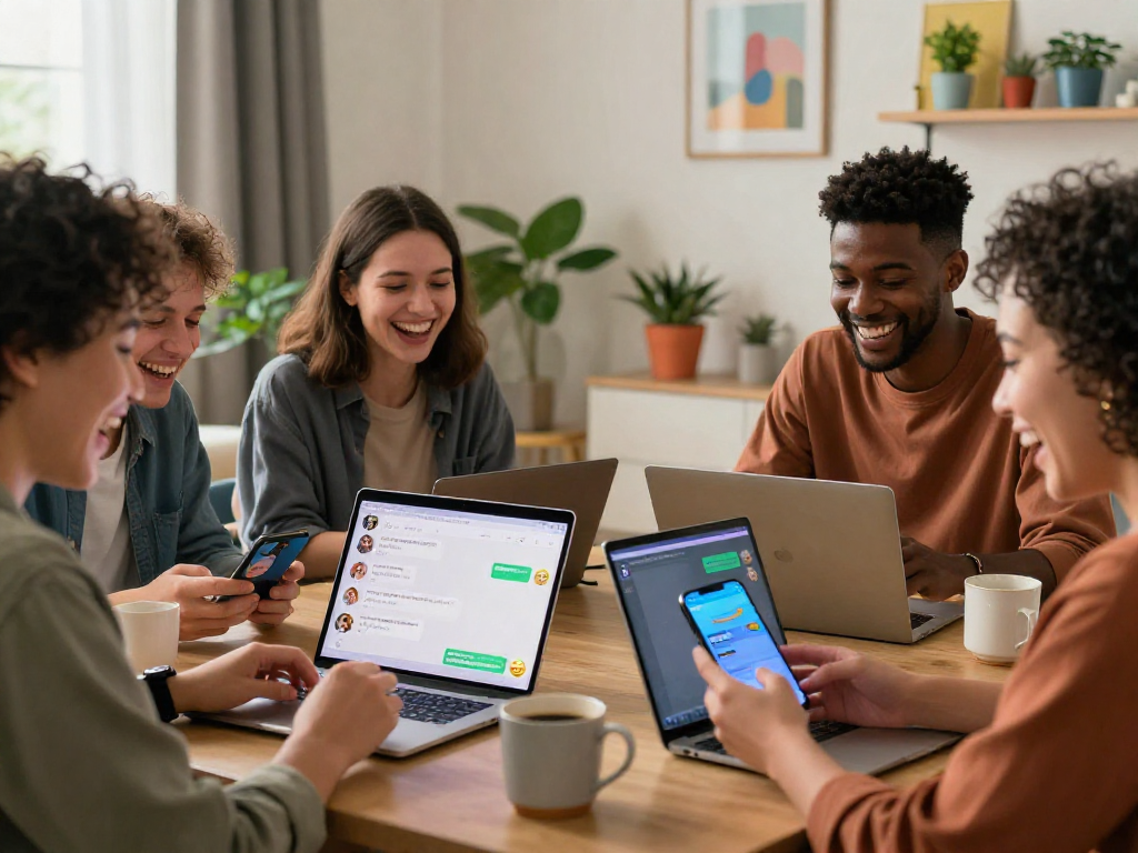 Vibrant social interaction scene showcasing nsfw chat topics among diverse group of friends.
